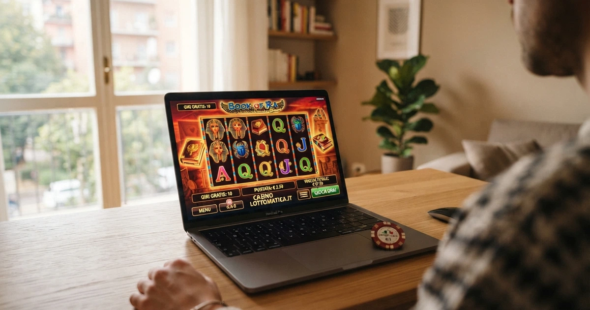 Un giocatore davanti allo schermo di un computer con l'interfaccia di un casinò online in italiano, affiancato dal logo ADM barrato e dalle bandiere di Curaçao e Malta