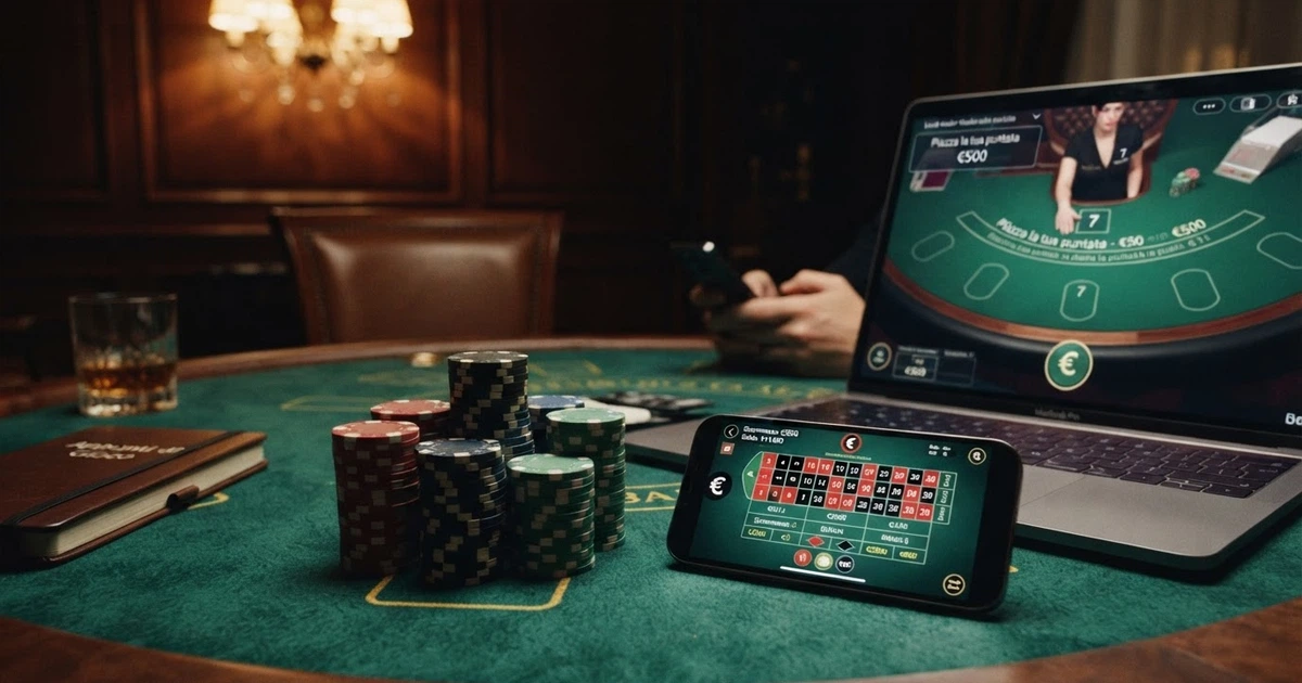 Un tavolo da gioco visto dall'alto con fiches impilate, una puntata corposa piazzata sul tavolo verde e lo schermo di un computer aperto su un casino online