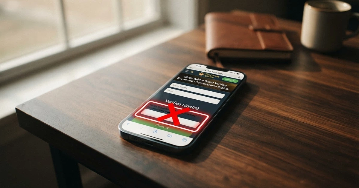 Un primo piano di uno schermo di smartphone con la schermata di registrazione di un casinò online, il campo «carica documento» evidenziato e una spunta barrata accanto