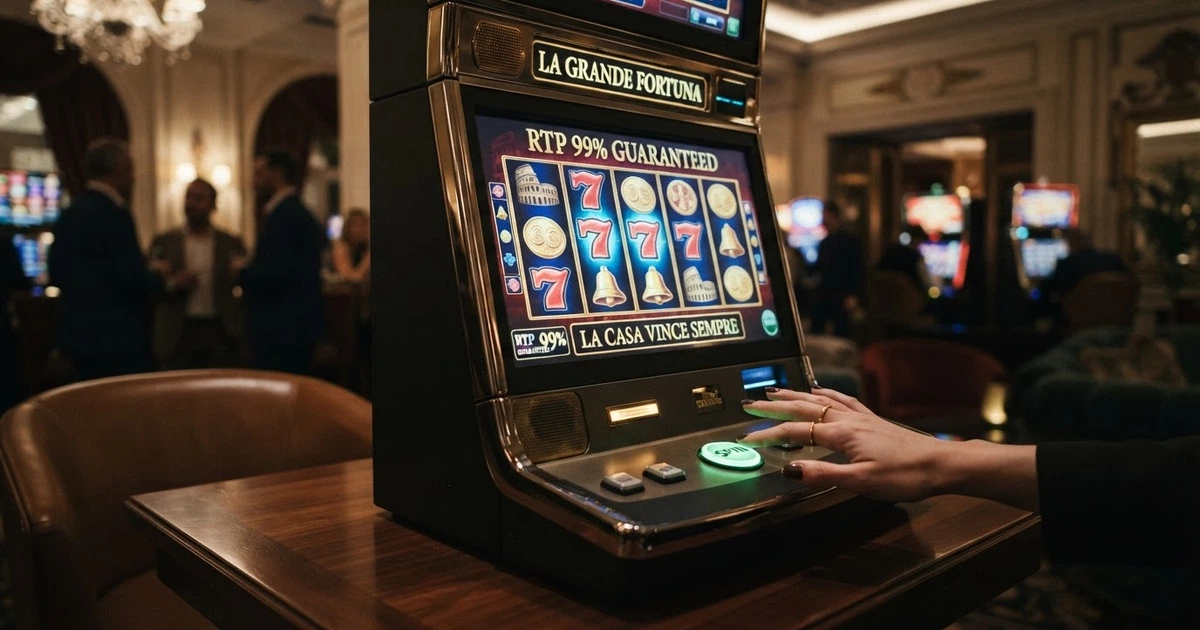 Interfaccia di una slot online con rulli, simboli colorati e pannello informativo con RTP e vincita
