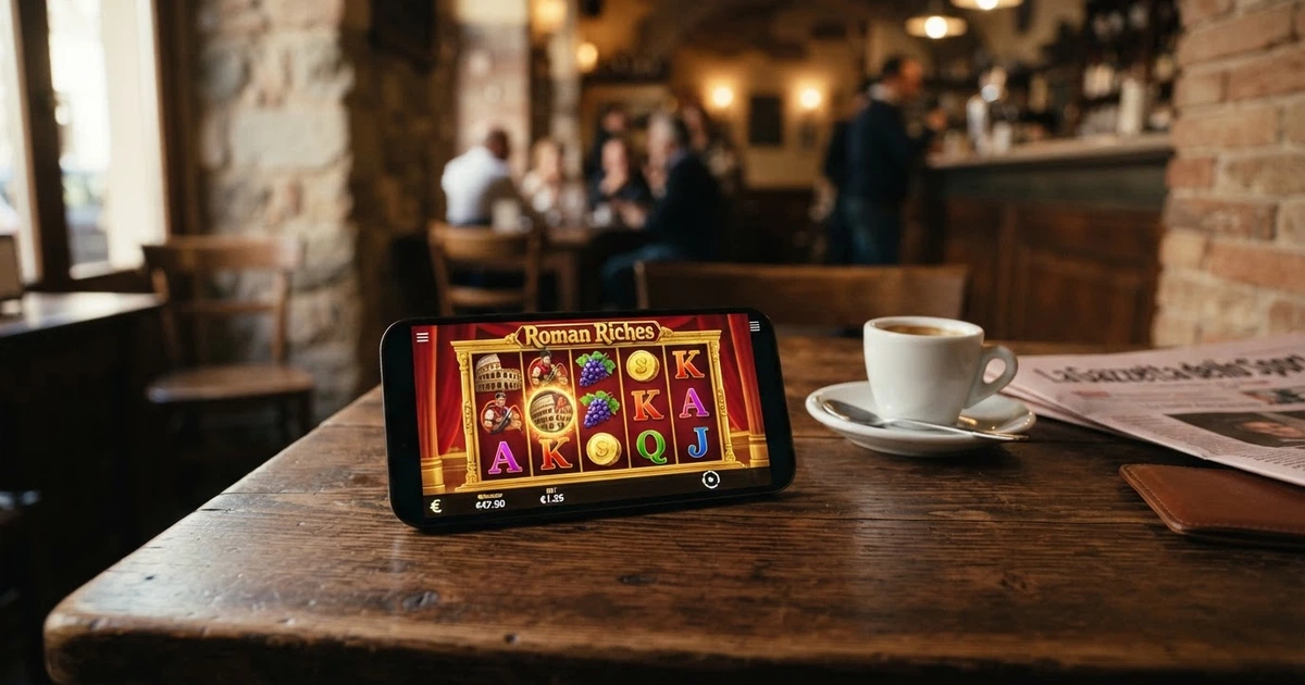 Interfaccia di un casino mobile su smartphone con una slot machine in primo piano e menu di navigazione laterale