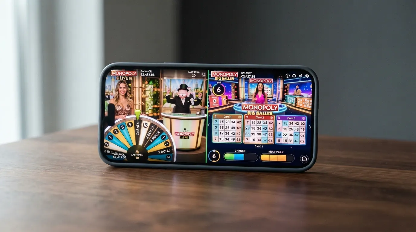 Schermata comparativa dell'interfaccia di Monopoly Live (ruota e dealer) accanto a quella di Big Baller (cartelle bingo e tracker dei punteggi)