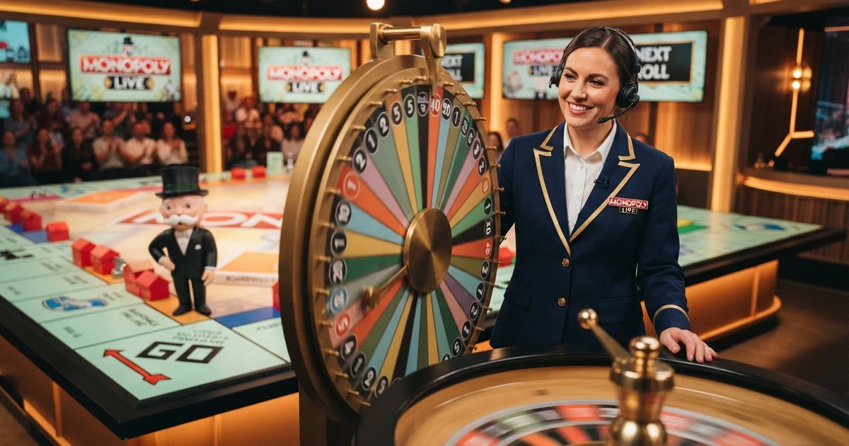 Un dealer in studio dietro alla ruota di Monopoly Live con i segmenti colorati e il tabellone del Monopoli sullo sfondo