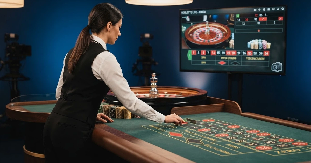 Un croupier dal vivo sorridente dietro un tavolo da roulette NetEnt, con l'interfaccia di gioco visibile sullo schermo e il logo NetEnt in sovrimpressione discreta