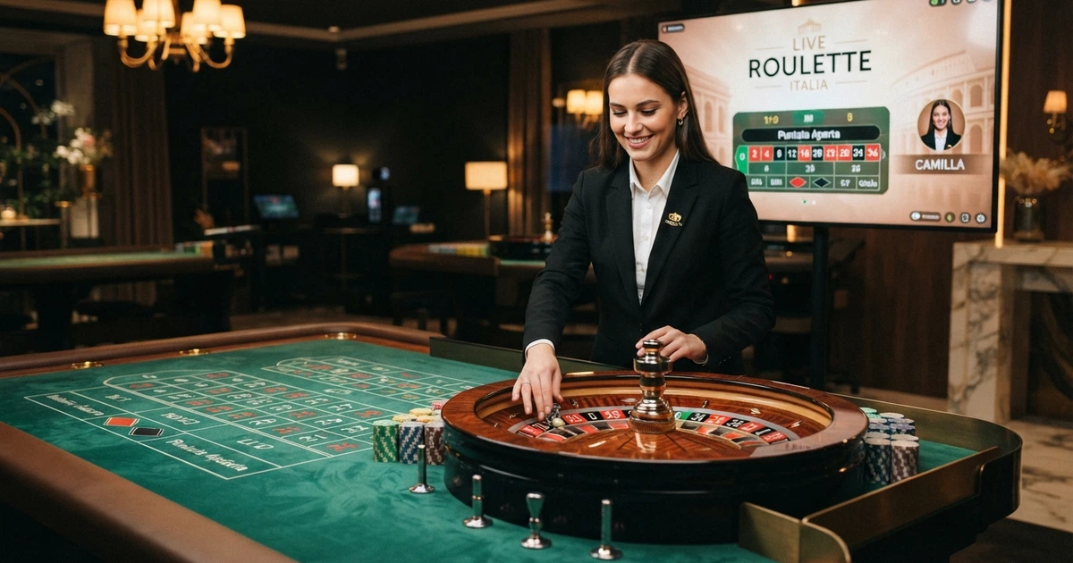 Un tavolo di roulette live con dealer dal vivo in una sala da gioco, sullo sfondo il logo Novomatic e l'interfaccia di gioco su schermo