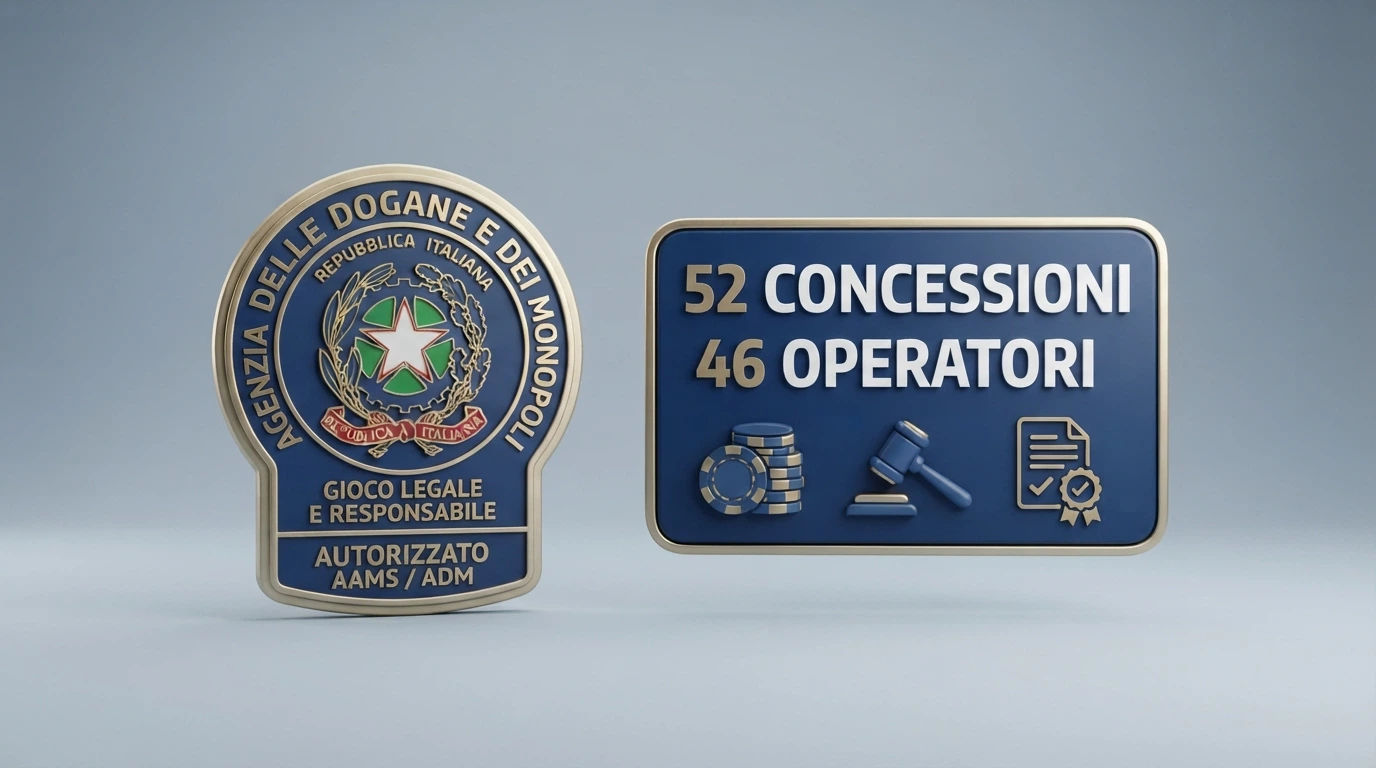 Il logo dell'Agenzia delle Dogane e dei Monopoli accanto a una rappresentazione del bando con l'indicazione «52 concessioni — 46 operatori»