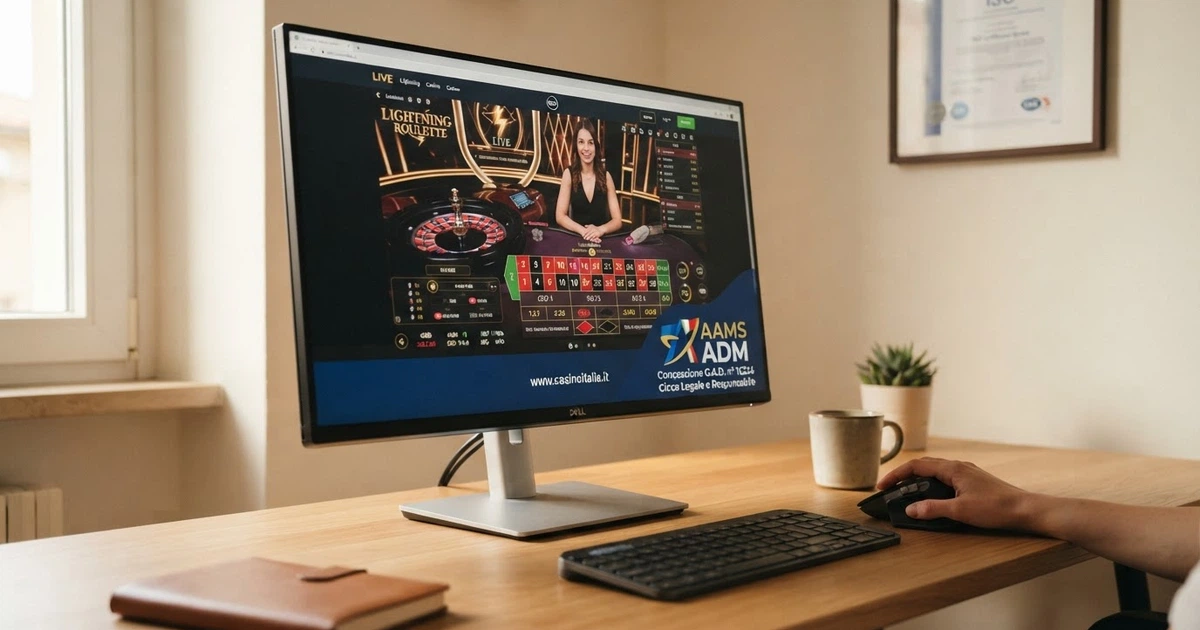 Un casinò online con licenza ADM aperto su desktop, con il codice GAD evidenziato nel footer e il logo ADM visibile nella pagina