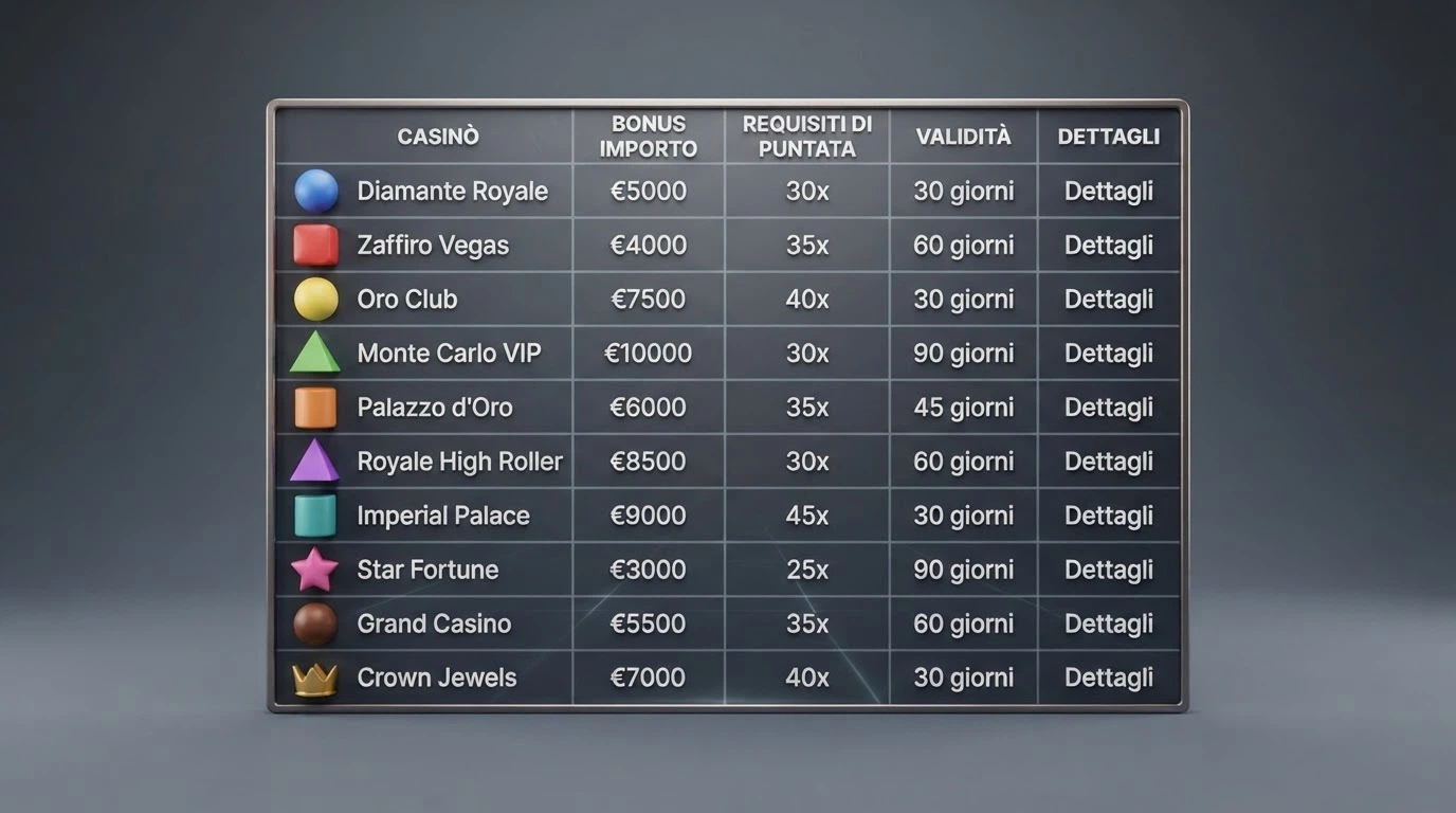 Una schermata di comparazione con i loghi dei casinò ADM e le condizioni dei bonus benvenuto in evidenza