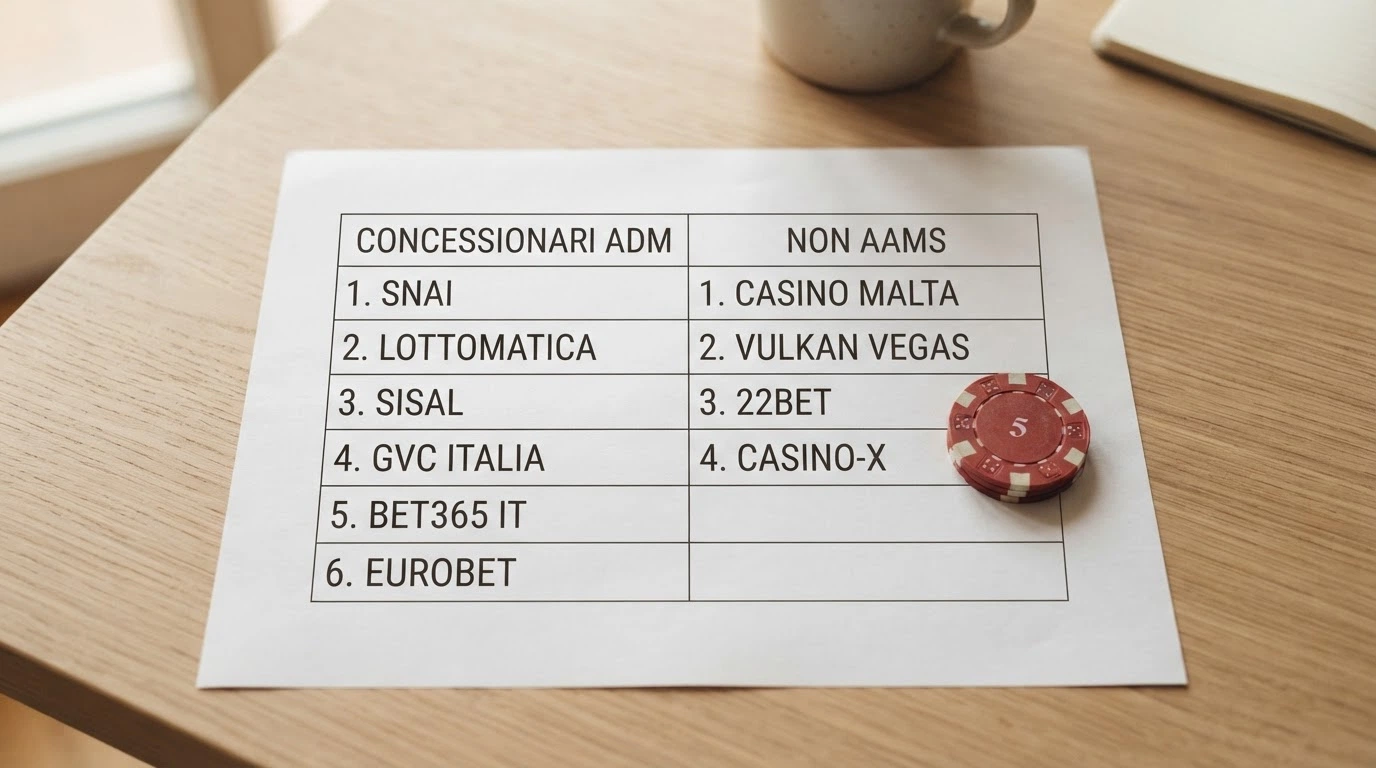 Una rappresentazione visiva della divisione tra i 10 operatori analizzati: sei con concessione ADM verificata o storica, quattro senza alcun collegamento al sistema italiano