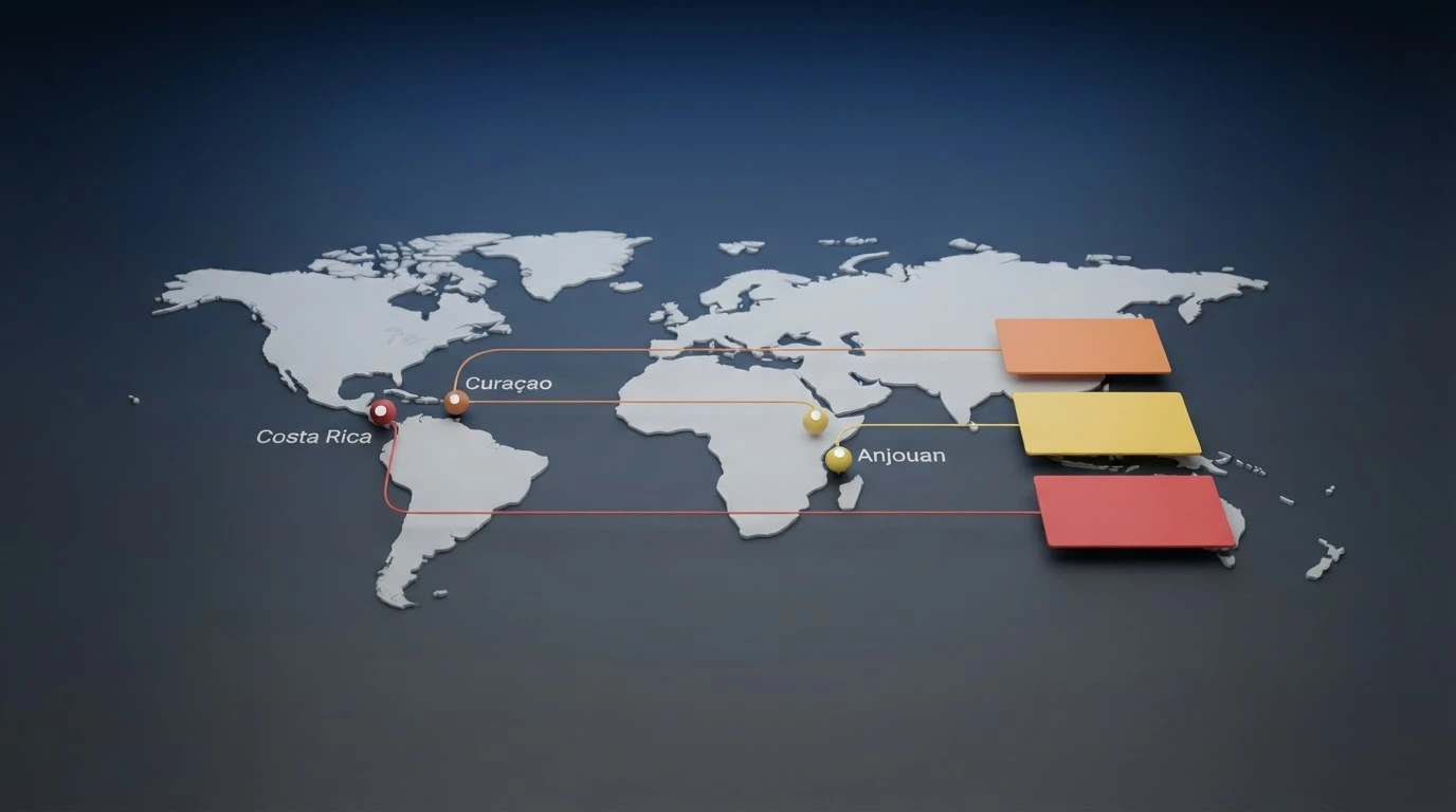 Una mappa stilizzata che associa ciascun operatore recensito alla propria giurisdizione di licenza (Curaçao, Anjouan, Costa Rica) con il dato del bonus di benvenuto