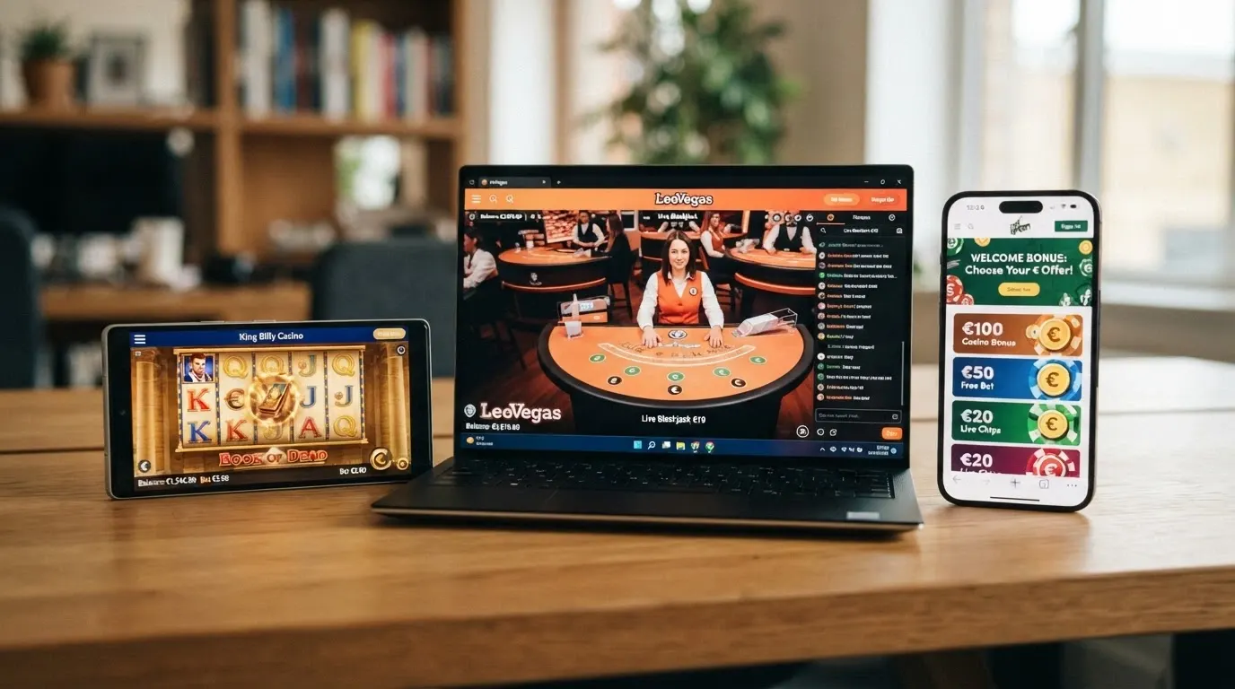 Interfaccia comparativa di tre casinò online con licenza MGA affiancati — lobby, area bonus e selezione giochi a confronto