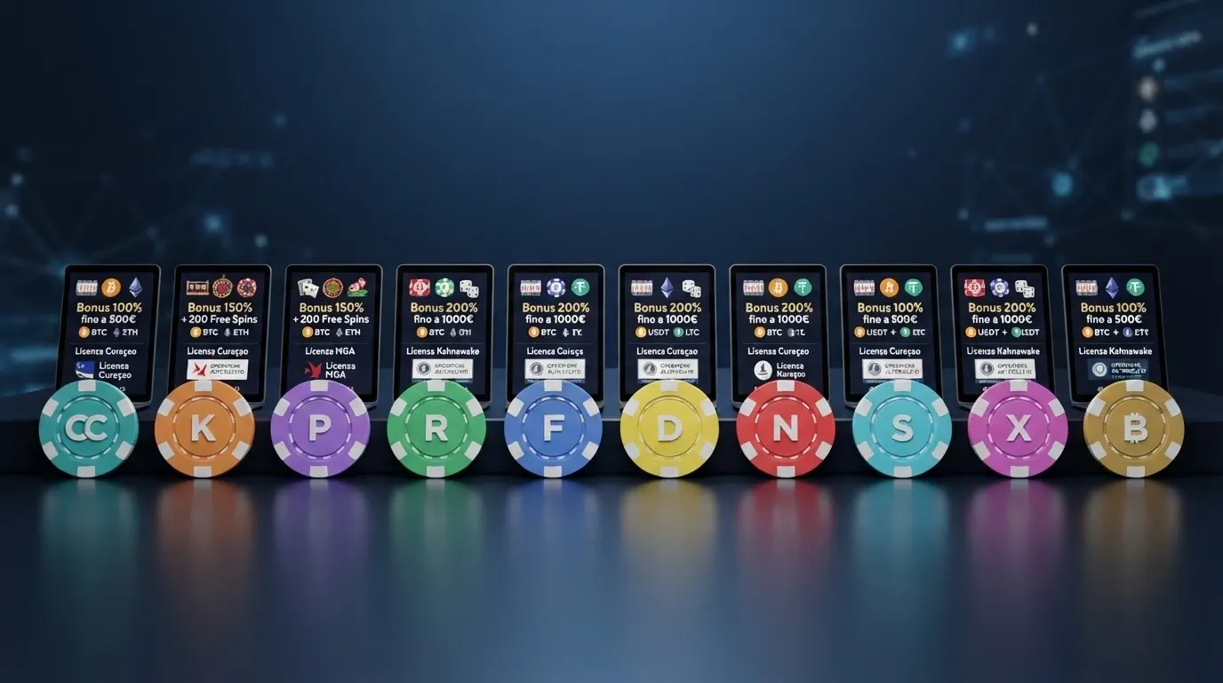 Logo e interfaccia di casinò crypto affiancati con indicatori di licenza e bonus di benvenuto