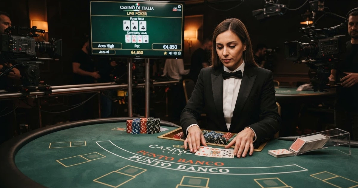 Tavolo da poker live con croupier in smoking, carte da gioco e monitor da studio televisivo, ripreso da più angolazioni in streaming