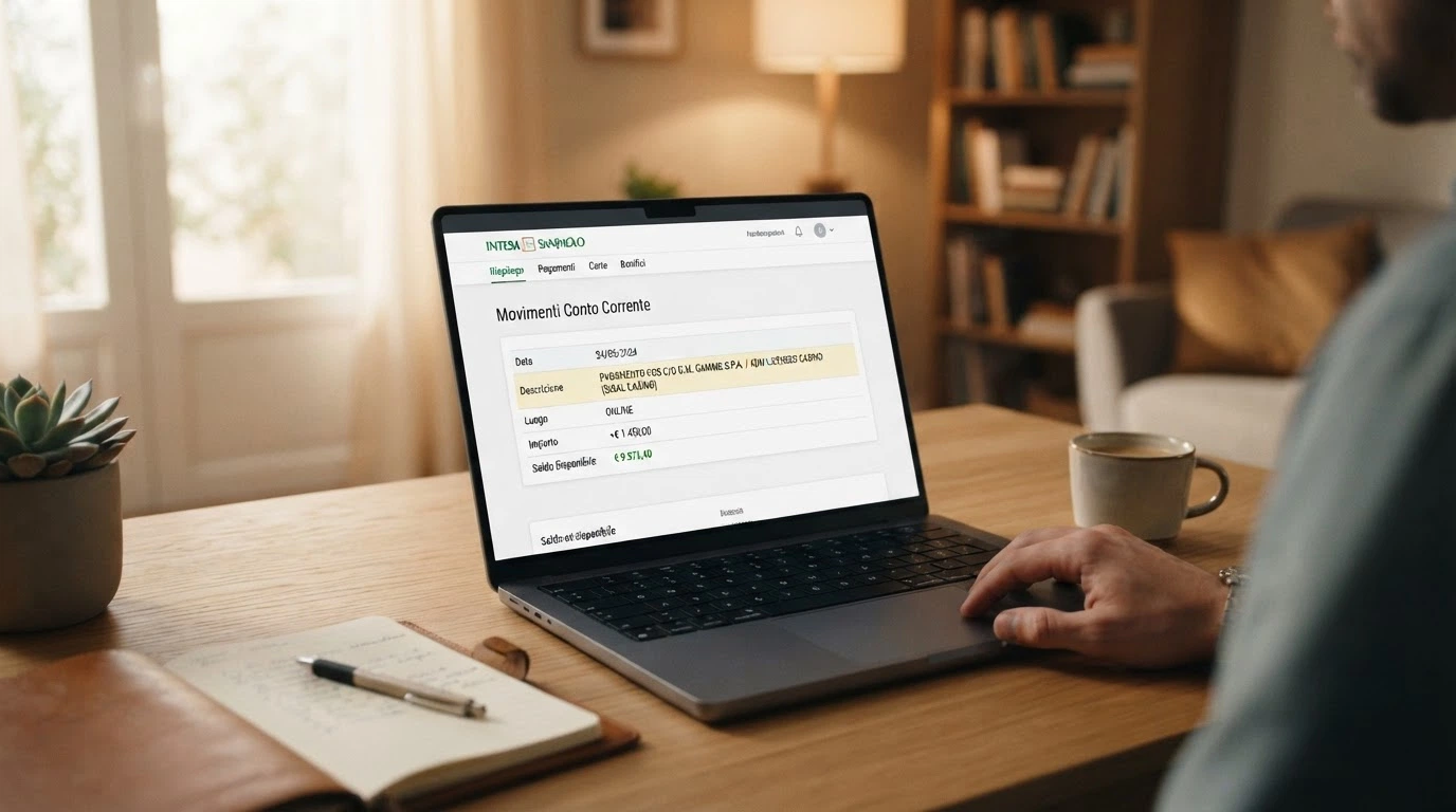 Un computer portatile aperto su un estratto conto bancario con una transazione Trustly evidenziata verso un casinò