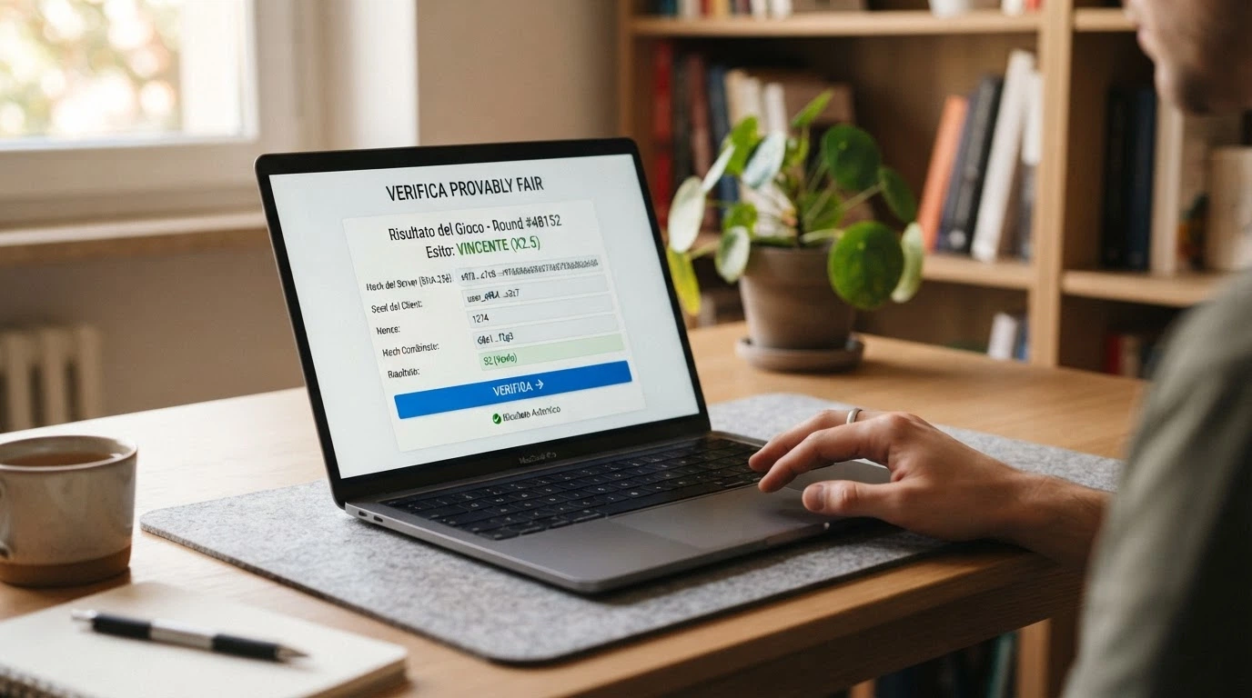 Interfaccia di un gioco provably fair con hash, seed del server e seed del client visualizzati