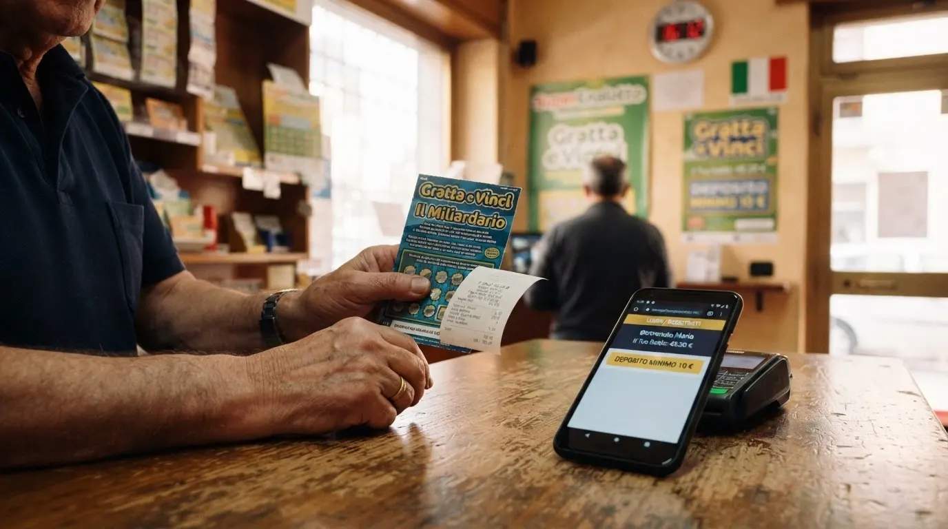 Una ricevitoria italiana con l'insegna Sisal accanto allo schermo di uno smartphone che mostra l'app di un casinò con la scritta «deposito minimo 10 €».
