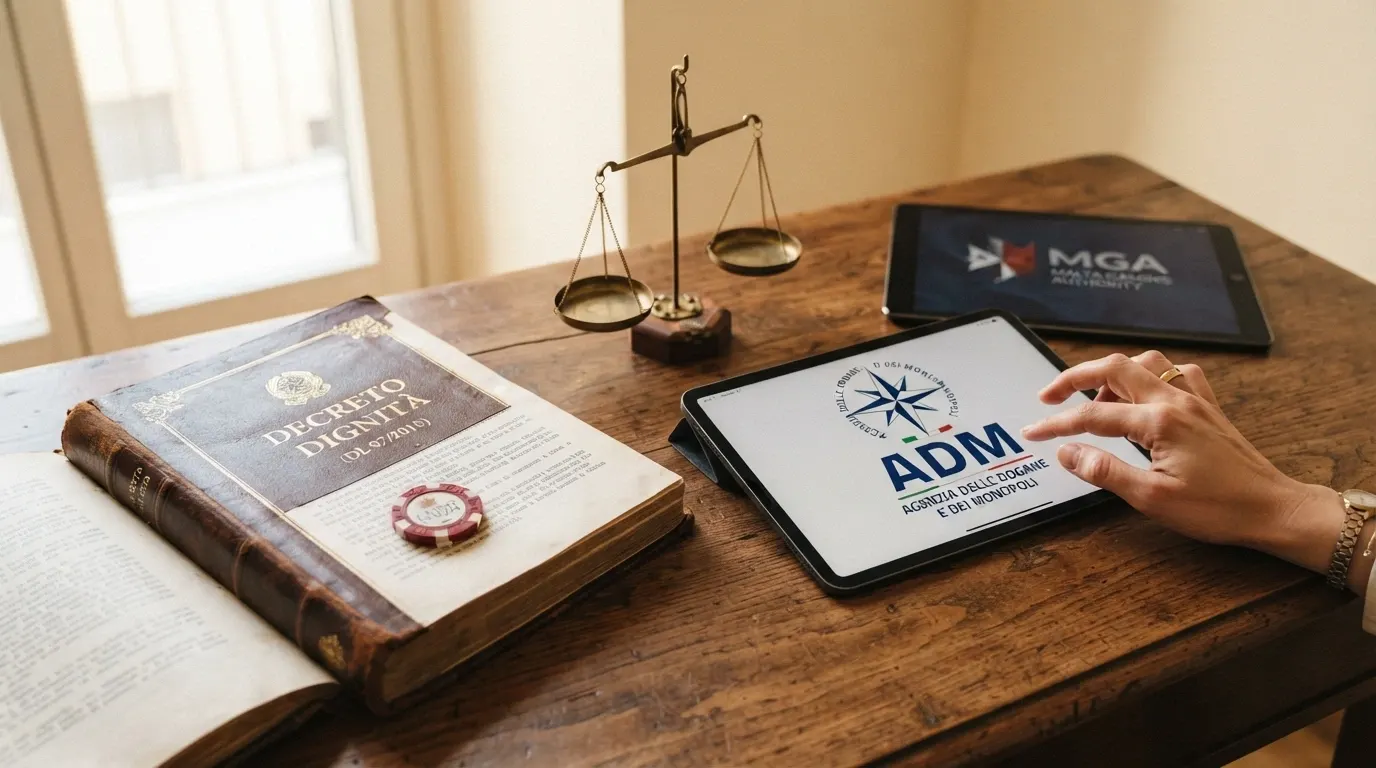 Il testo del Decreto Dignità affiancato al logo dell’ADM e alla mappa di Curaçao, con una bilancia al centro