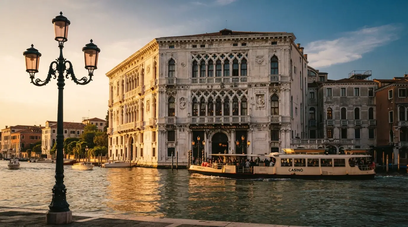 La facciata storica del Casinò di Venezia a Ca' Vendramin Calergi sul Canal Grande, con un lampione liberty in primo piano e un vaporetto di passaggio sullo sfondo
