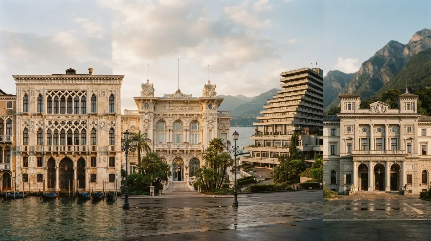 Le facciate storiche dei quattro casinò fisici autorizzati in Italia: Venezia, Sanremo, Campione d'Italia, Saint-Vincent.