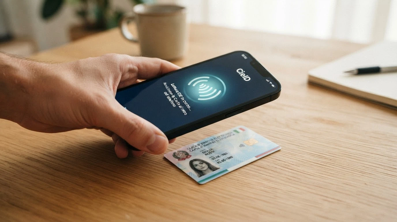Sequenza visiva dei tre passaggi della registrazione: smartphone che legge la CIE via NFC, schermata di inserimento PIN nell'app CieID, conferma del conto gioco attivo