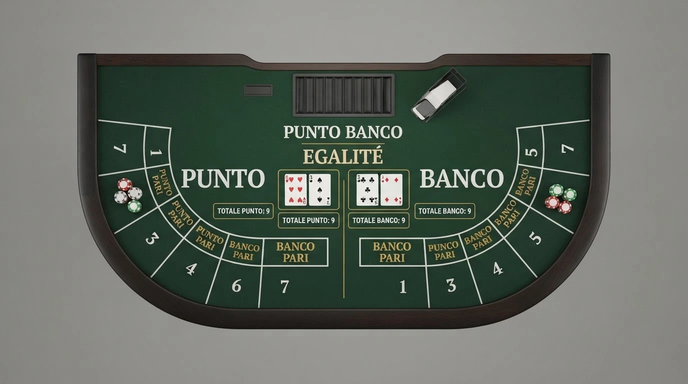 Schema del tavolo da punto banco con le aree di puntata Punto, Banco ed Egalité evidenziate e le carte in primo piano