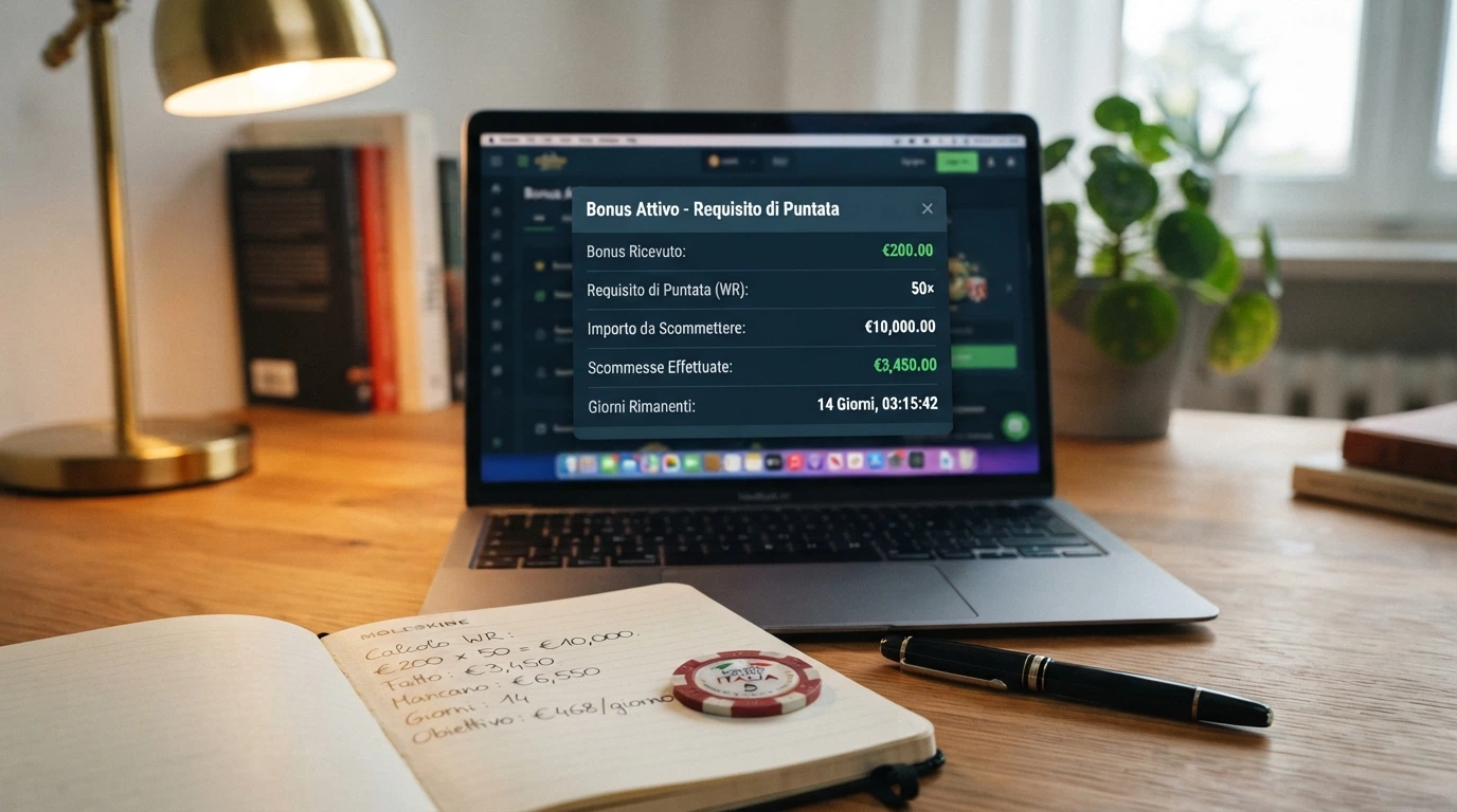 Una schermata di un pannello bonus con l'importo del bonus, il moltiplicatore di wagering e il contatore dei giorni rimanenti