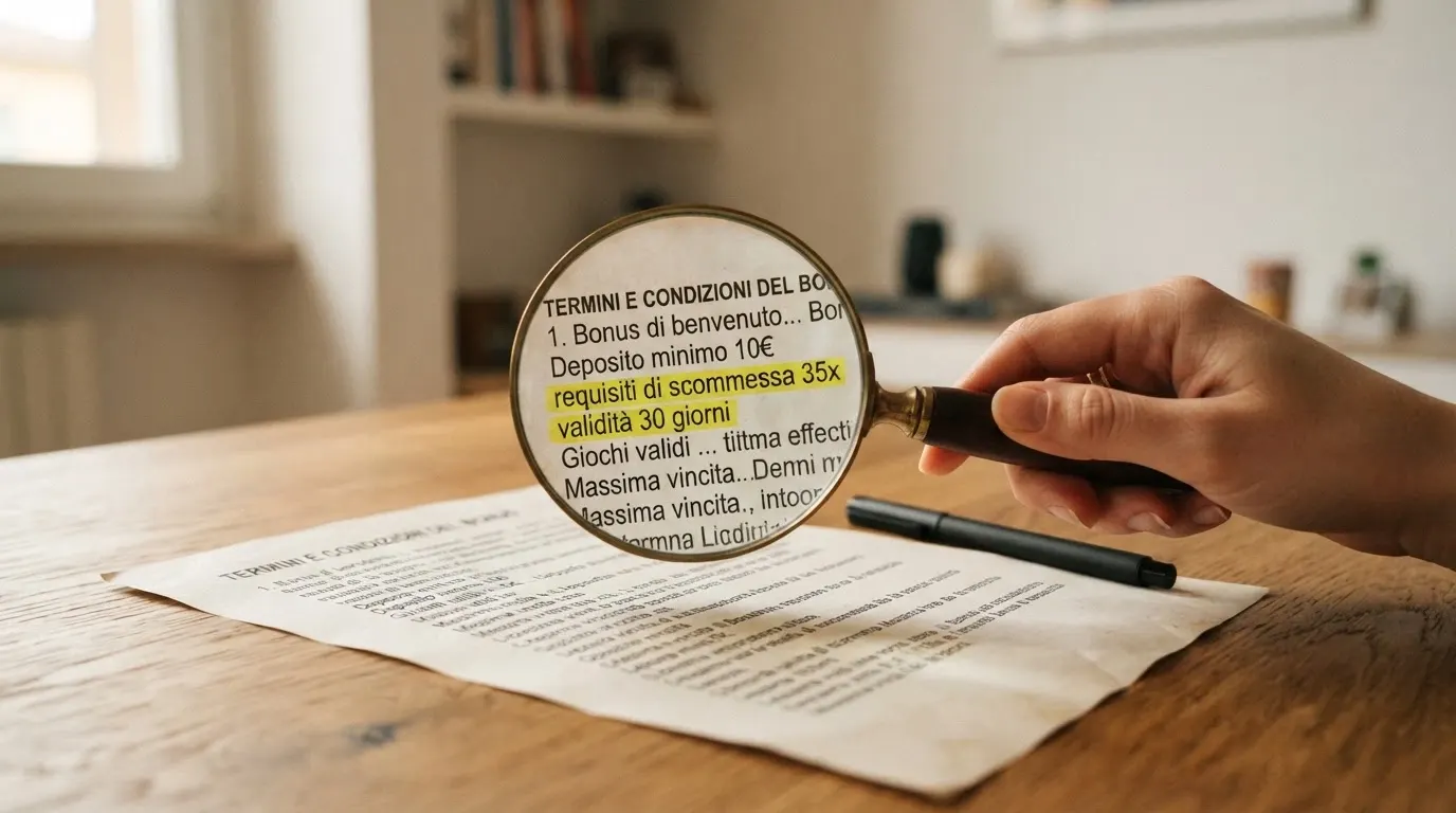 Una lente di ingrandimento posata sui termini e condizioni di un bonus di benvenuto, con le parole «wagering 35x» e «validità 30 giorni» evidenziate in giallo