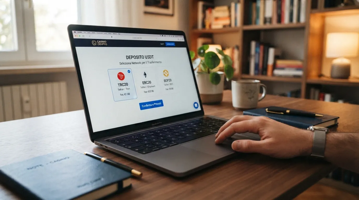 Schermata di selezione della rete blockchain per deposito USDT con le opzioni TRC20, ERC20 e BEP20