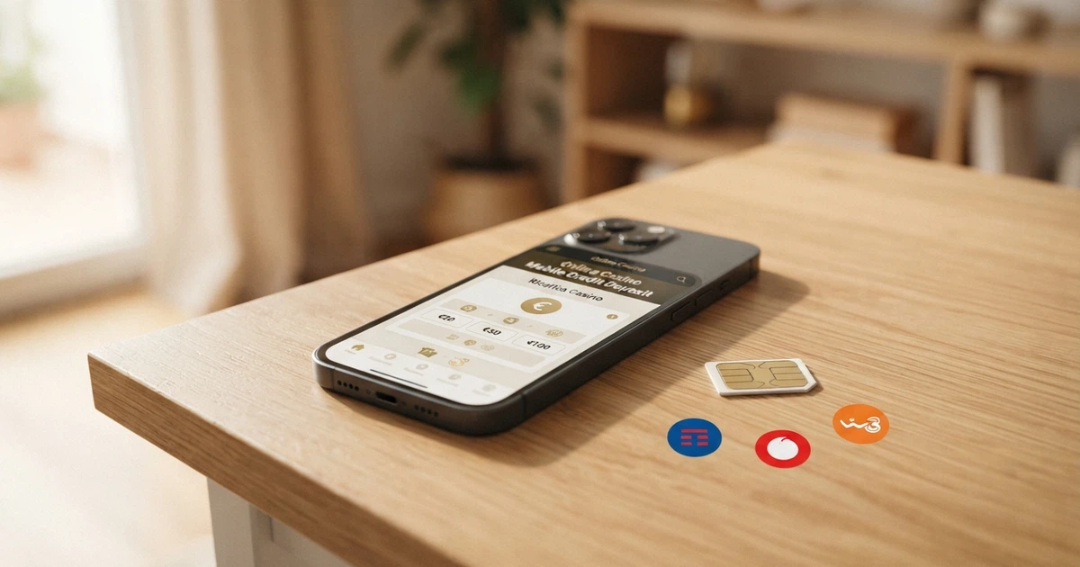 Un telefono cellulare con lo schermo che mostra la schermata di deposito di un casinò online, affiancato da una carta SIM e icone degli operatori TIM, Vodafone e WindTre