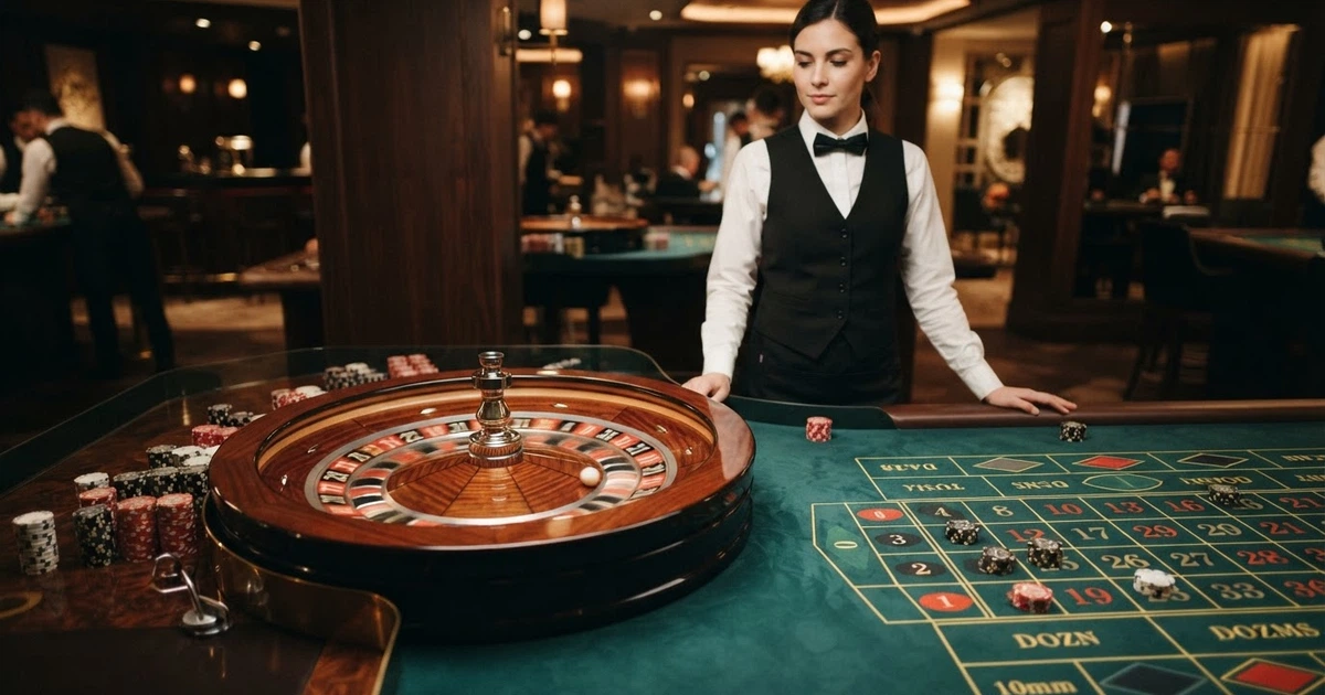 Un tavolo di roulette dal vivo con croupier in uniforme, inquadratura dall'alto sulla ruota in rotazione e il tabellone delle puntate, ambiente da studio professionale con illuminazione calda