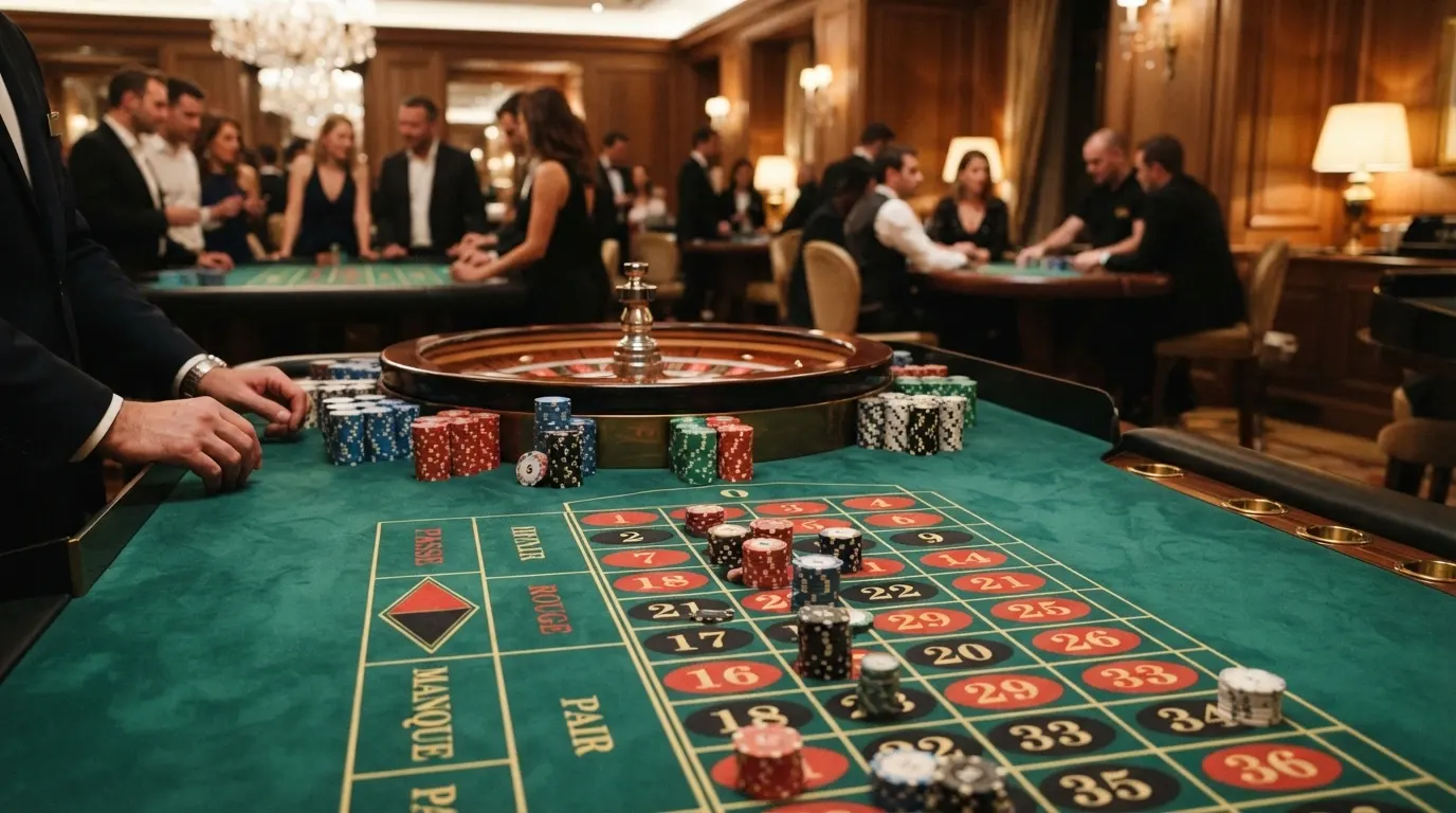 Un tavolo da roulette europea con il cilindro numerato, la pallina bianca e il tappeto verde con tutte le puntate disponibili