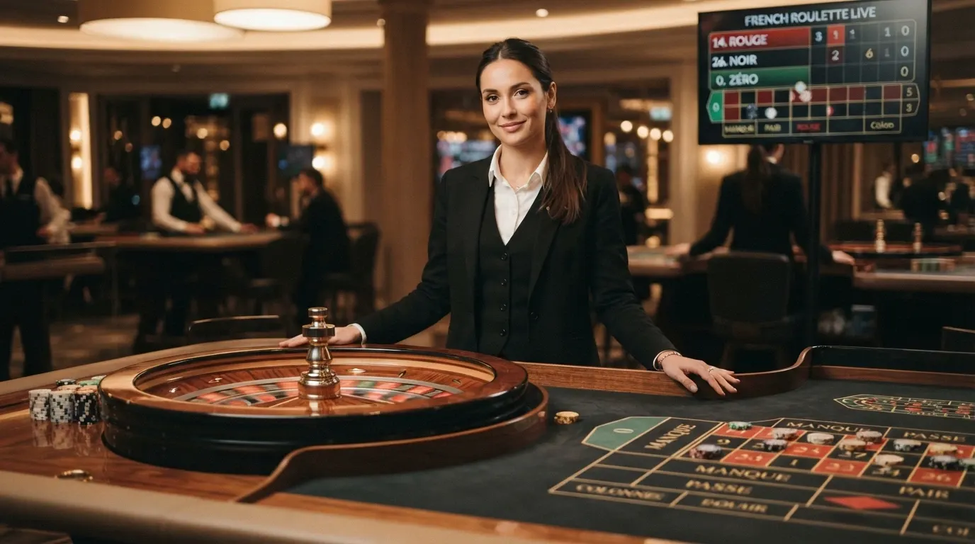 Primo piano di una ruota della roulette in uno studio Evolution, croupier inquadrato mentre lancia la pallina, schermo con statistiche laterali
