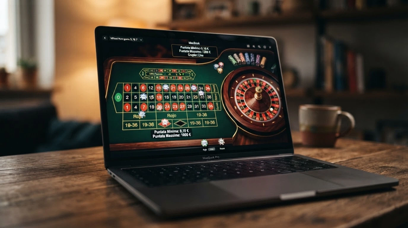 Un tavolo di roulette europea virtuale sullo schermo di un computer, con il dettaglio delle puntate minime da 0,10€ visibile nell’interfaccia