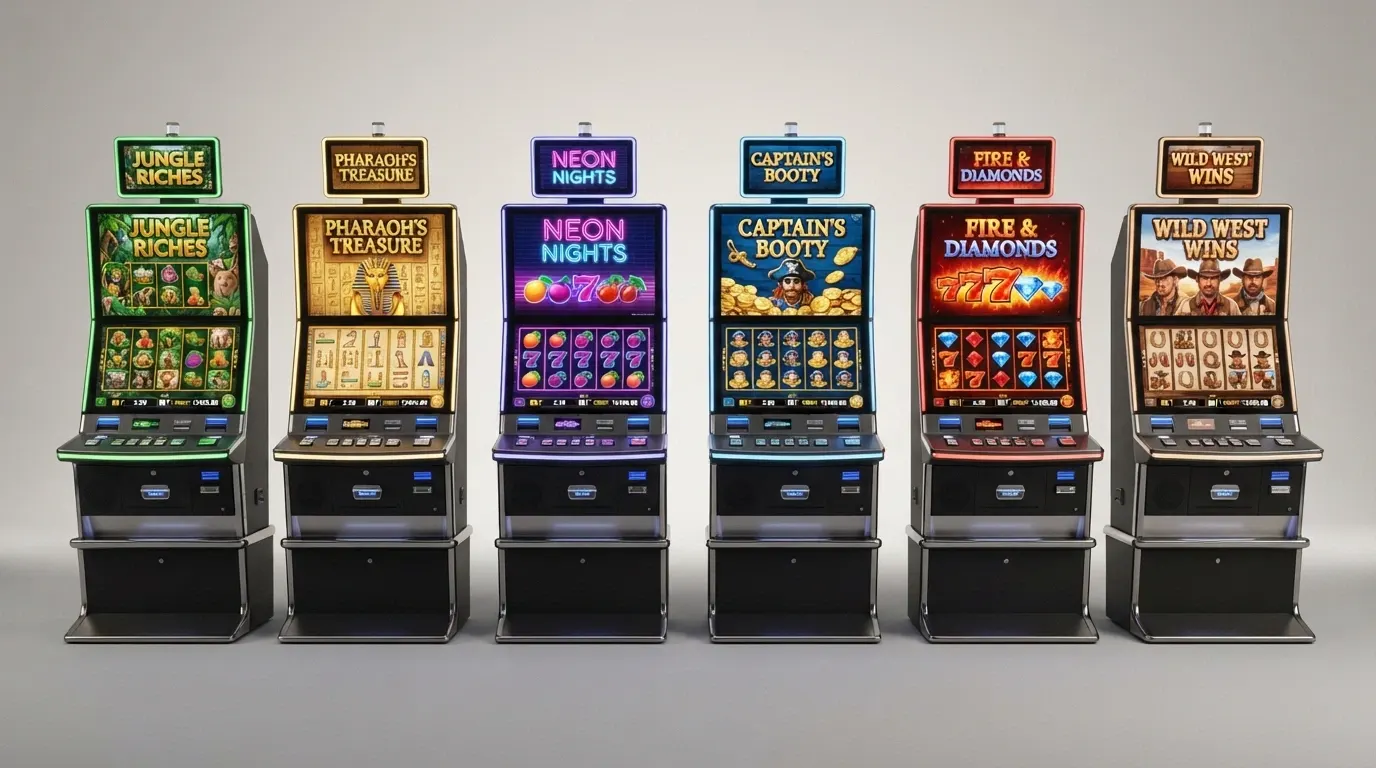 Schermata affiancata di sei slot machine popolari in Italia con i rispettivi loghi e rulli
