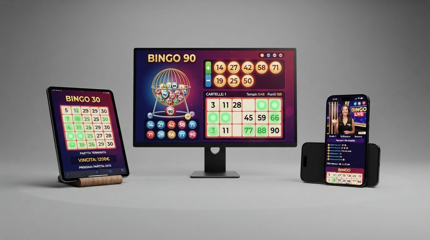 Tre schermate affiancate di una sala bingo online: una partita Bingo 90 con tabellone classico, una Bingo 30 con cartella ridotta e un'interfaccia di bingo live con conduttore in streaming