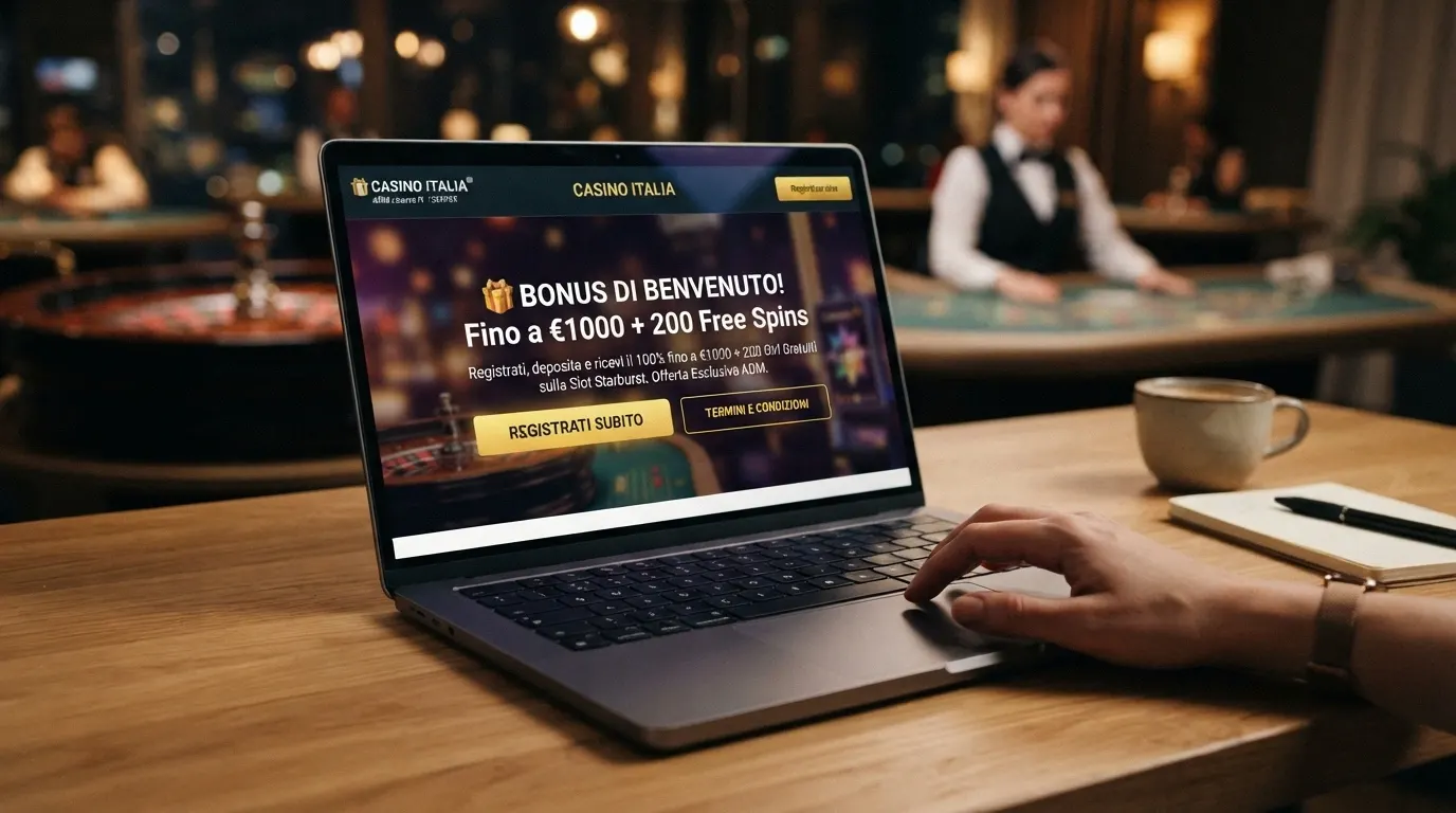 l'interfaccia di un casinò online ADM che mostra un bonus di benvenuto attivabile, con importo e termini in evidenza sullo sfondo di un tavolo live