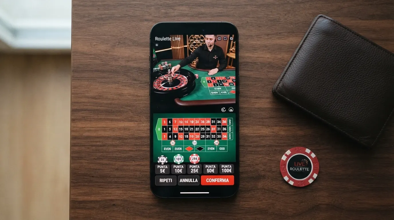Uno smartphone in verticale con l'interfaccia di un casinò live aperta: il tavolo da gioco occupa la metà superiore dello schermo, le chip virtuali e i pulsanti di puntata quella inferiore