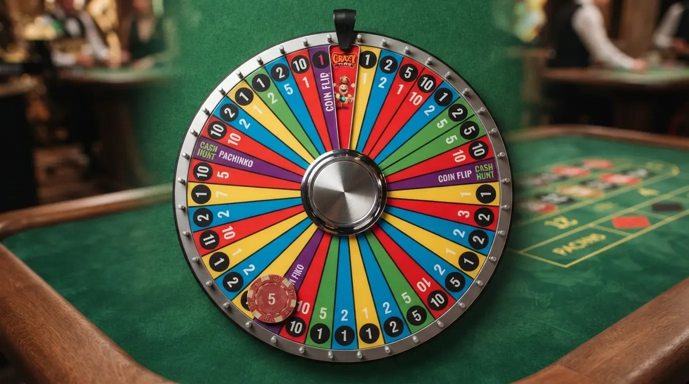 Schema grafico della ruota Crazy Time con i 54 segmenti colorati: numeri 1, 2, 5, 10 e le quattro caselle bonus game (Coin Flip, Cash Hunt, Pachinko, Crazy Time)