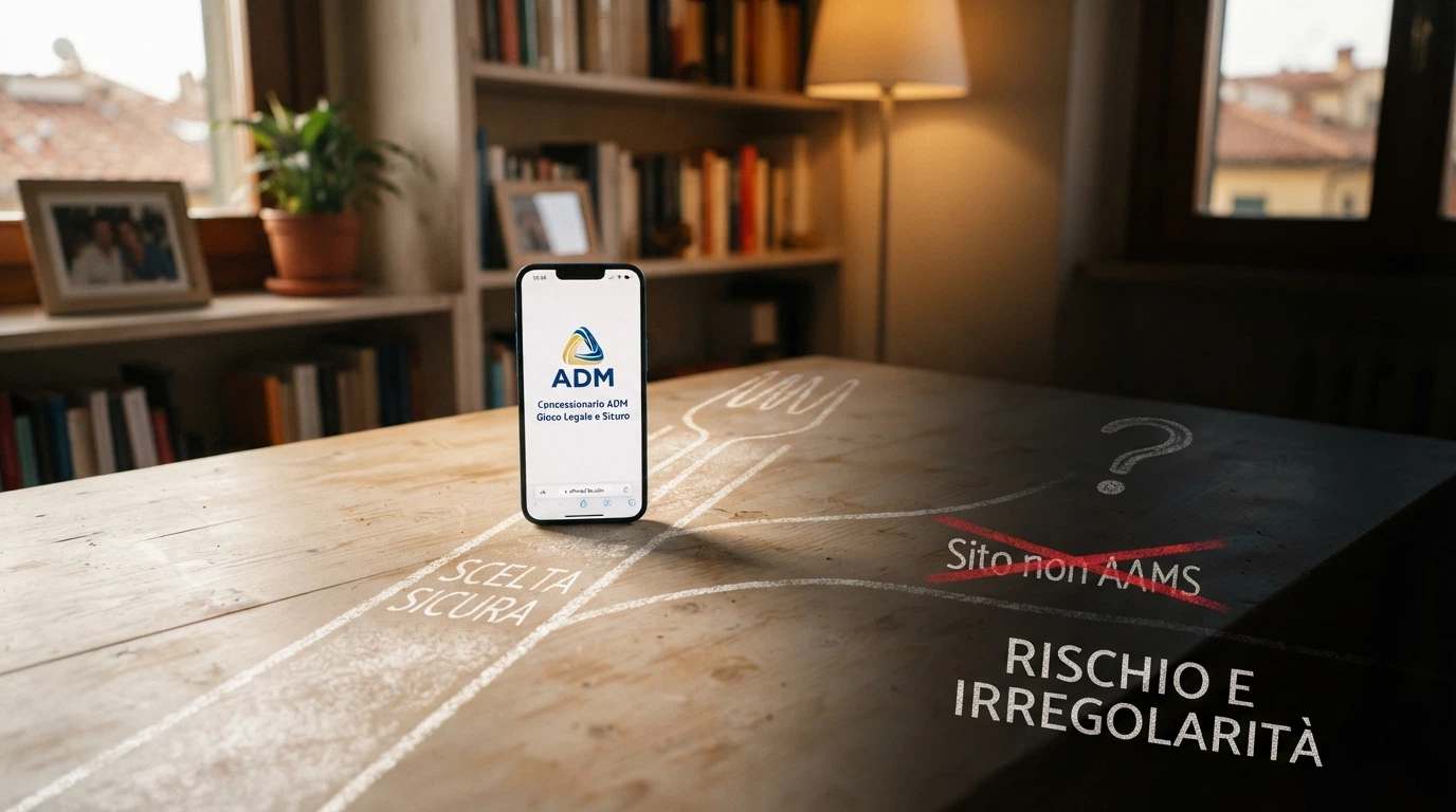 Un bivio grafico: a sinistra un percorso illuminato con il logo ADM e simboli di sicurezza, a destra un percorso in ombra con un punto interrogativo e la dicitura «Sito non AAMS» barrata