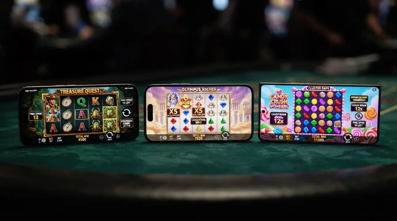 Tre schermate affiancate di slot machine aperte su un telefono Android in orientamento orizzontale, con l'interfaccia di gioco, i rulli e il pannello delle informazioni visibili