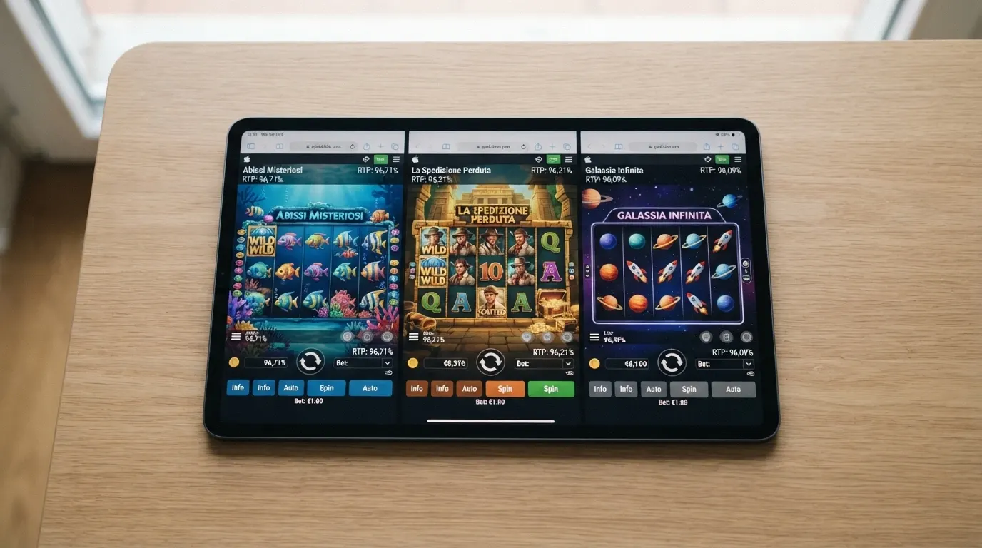 Le schermate di tre slot machine diverse (Big Bass Bonanza, Book of Dead, Starburst) affiancate, con i rispettivi RTP in sovraimpressione.