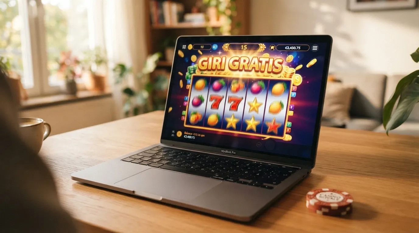 Una schermata di una slot machine online colorata con rulli in movimento, il contatore dei giri gratis in evidenza e il logo del provider in basso