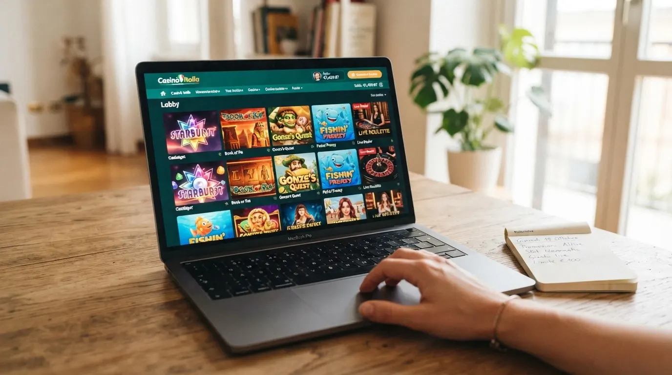 Lobby di un casinò online con la griglia delle slot in primo piano, una miniatura di tavolo live e il saldo ricaricato via Google Pay