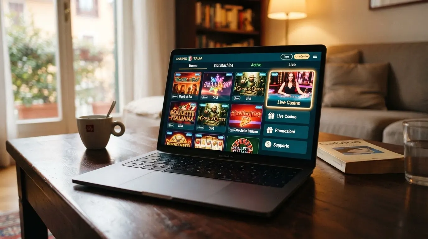Una schermata di lobby casinò con griglia di slot, un tavolo live in evidenza e l'icona della modalità demo