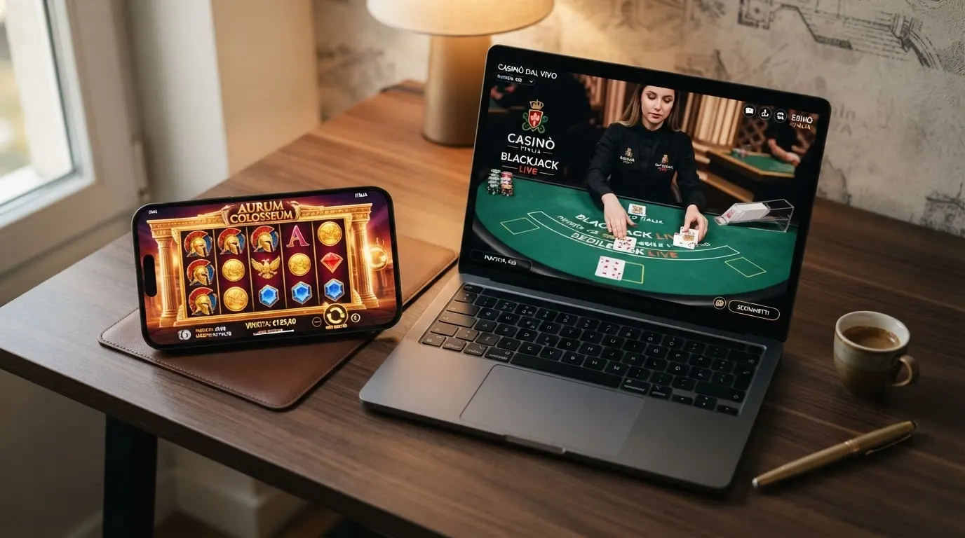 Una slot ad alta volatilità e un tavolo live con interfaccia italiana, affiancati su schermo
