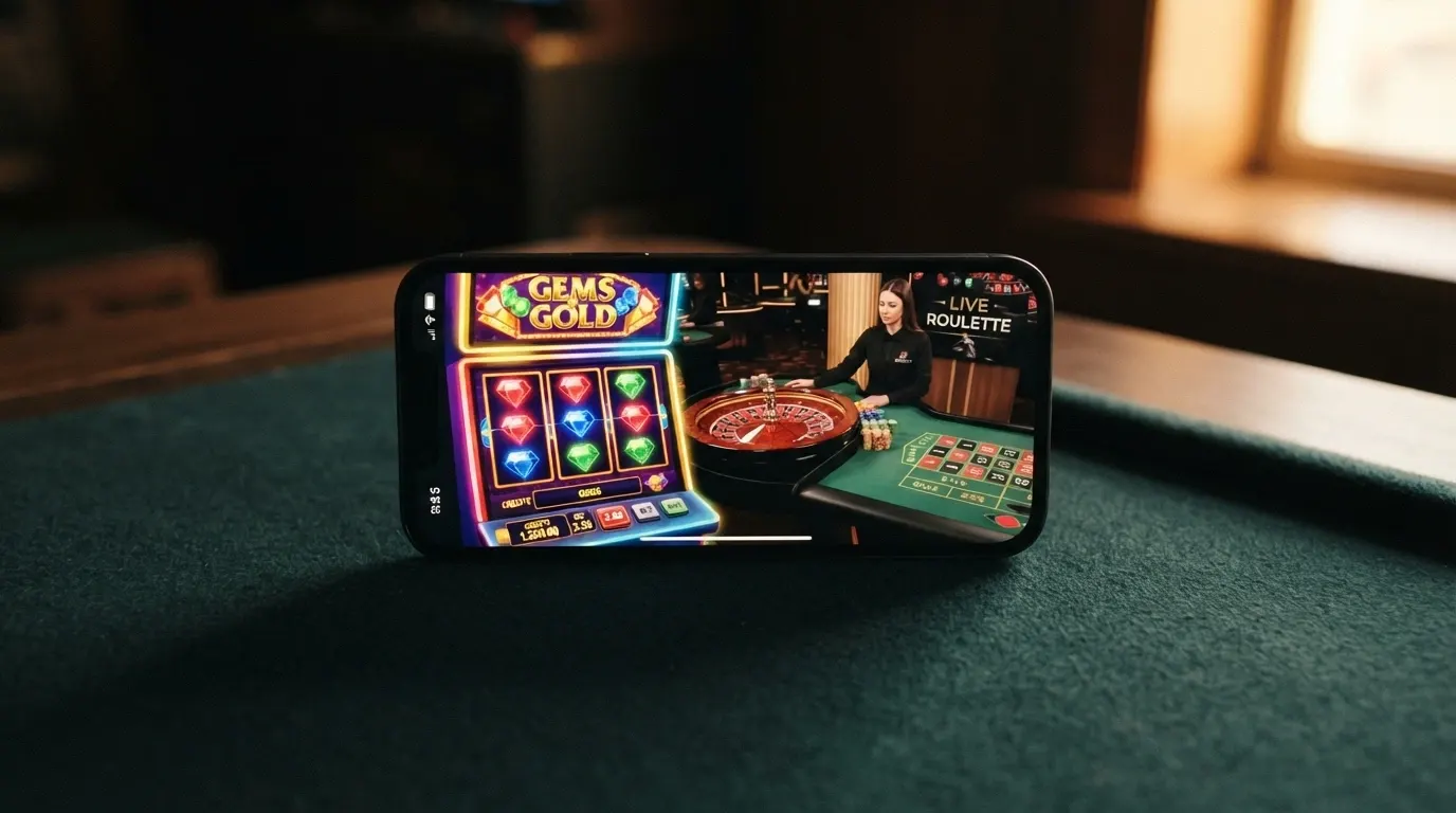 Uno smartphone in orizzontale con una slot machine in primo piano e un tavolo da live casino sullo sfondo dello schermo