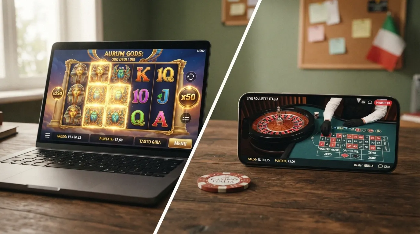 L'interfaccia di un tavolo live Pragmatic Play (Roulette Italia) con croupier in italiano, affiancata dalla schermata di una slot (Gates of Olympus)