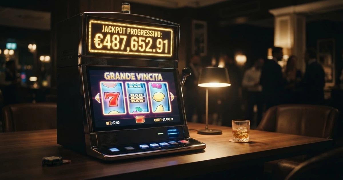 Interfaccia di una slot machine online con jackpot progressivo, con i rulli in primo piano e il montepremi in evidenza nella parte superiore dello schermo