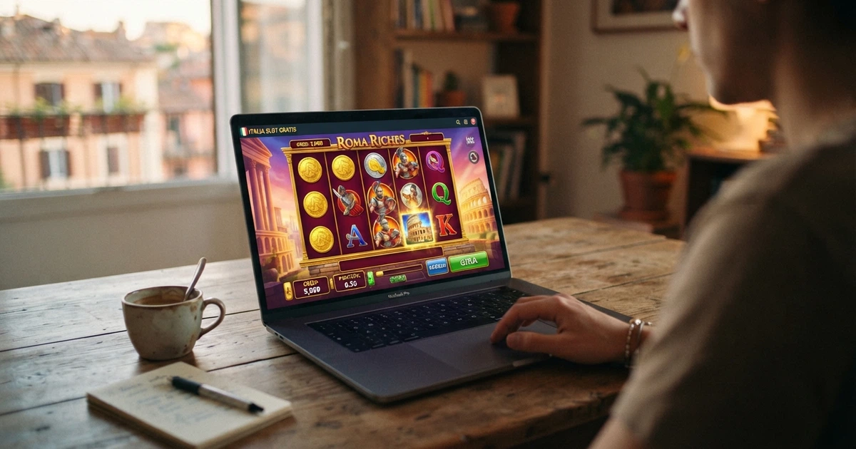 Un'interfaccia di slot machine in modalità demo su schermo di laptop, con crediti virtuali visibili e nessun campo di login
