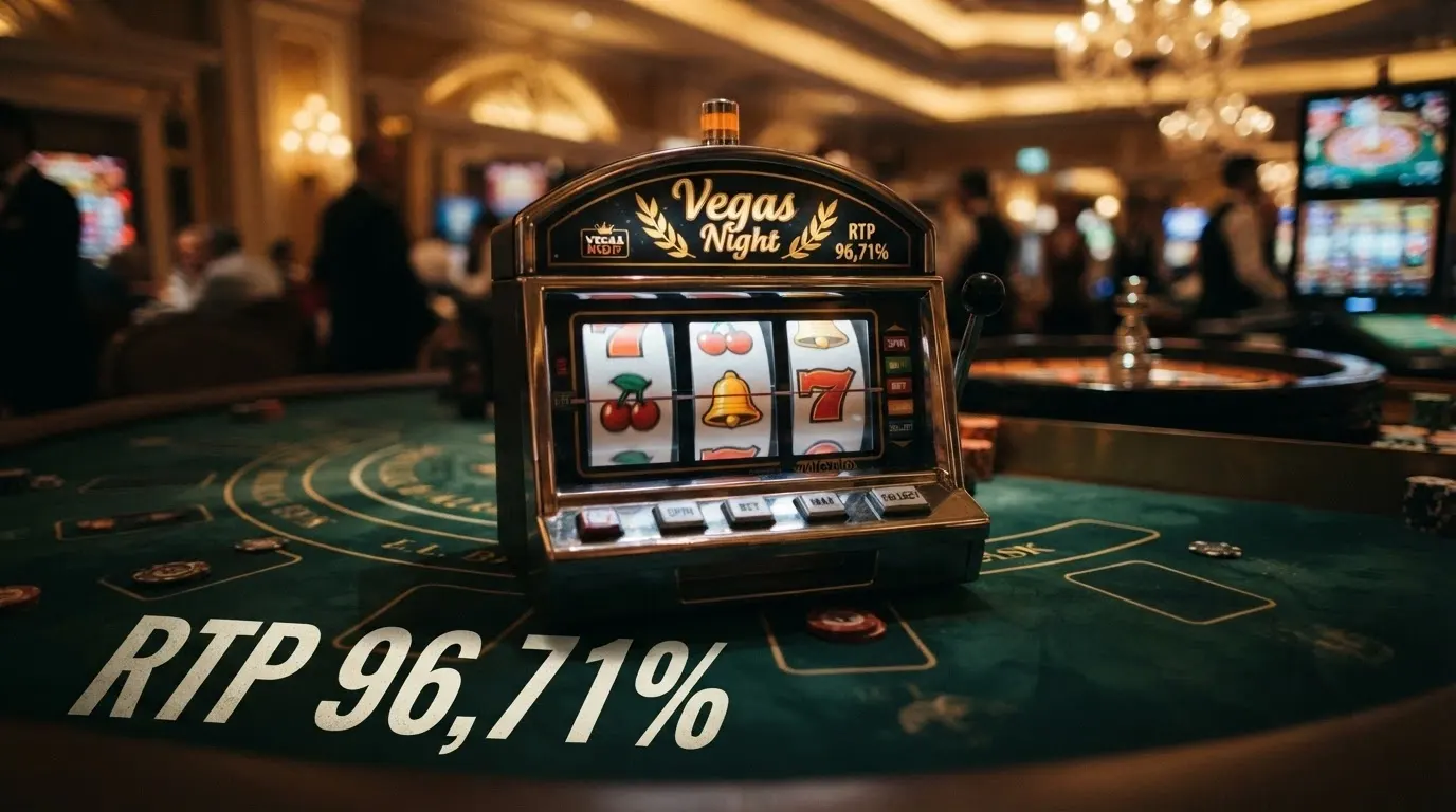 Tre rulli di slot machine affiancati con simboli classici (ciliegie, campane, sette), in primo piano il dato RTP 96,71% in evidenza
